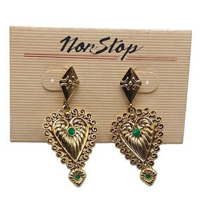 Green Enamel Heart Dangle Drop Earrings Post Back Closure Gold Tone Vintage